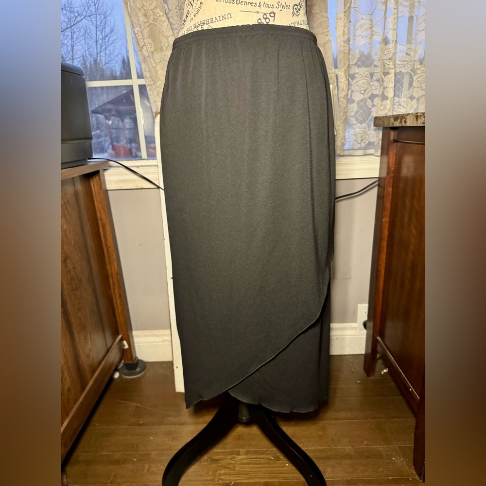 Asymmetrical faux wrap, elastic waist skirt